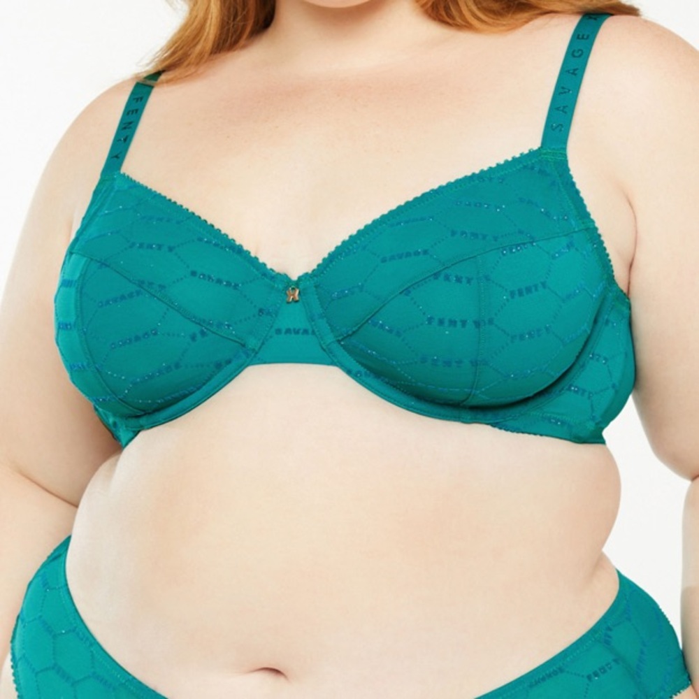 Savage X Fenty Green Flocked Logo Unlined Demi Bra 36D Underwire Sheer Mesh